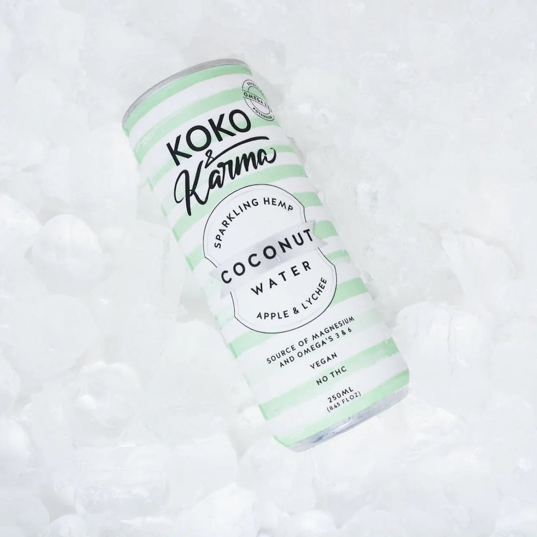 Koko and Karma Sparkling Hemp Coconut Water with Apple and Lychee on ice